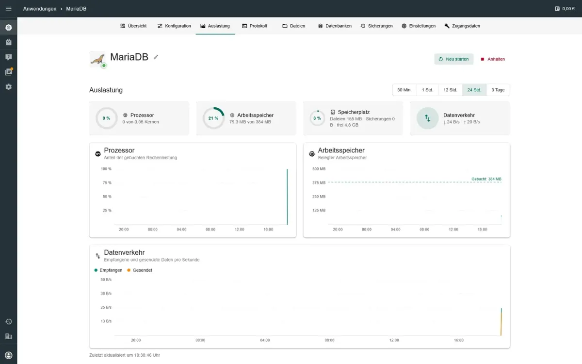 Auslastung einer App im Hosting-Panel mit Diagrammen für Prozessor, Arbeitsspeicher und Datenverkehr
