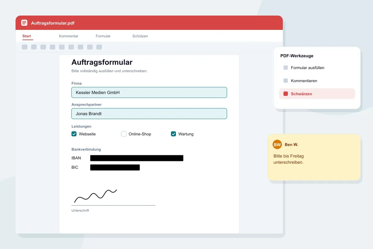 Illustration: Ausgefülltes PDF-Formular mit geschwärzter Bankverbindung, Unterschrift und Kommentar