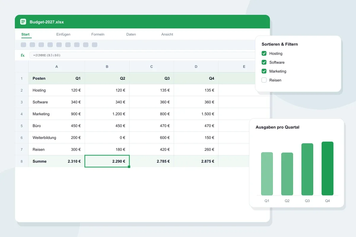 Illustration: Tabelle mit Budget pro Quartal, Summenformel, Filter und Balkendiagramm