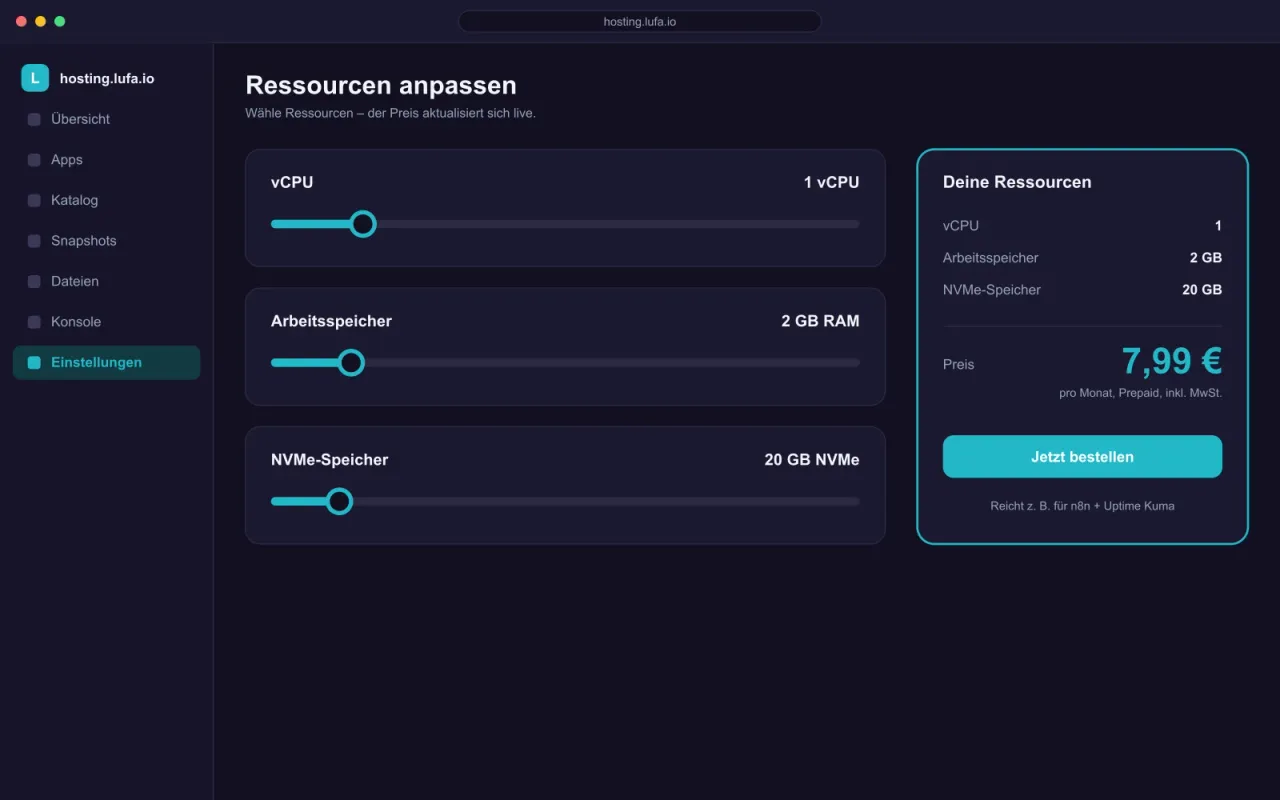 Konfigurator im Panel von hosting.lufa.io mit 1 vCPU, 2 GB Arbeitsspeicher, 20 GB NVMe und Live-Preis von 7,99 Euro