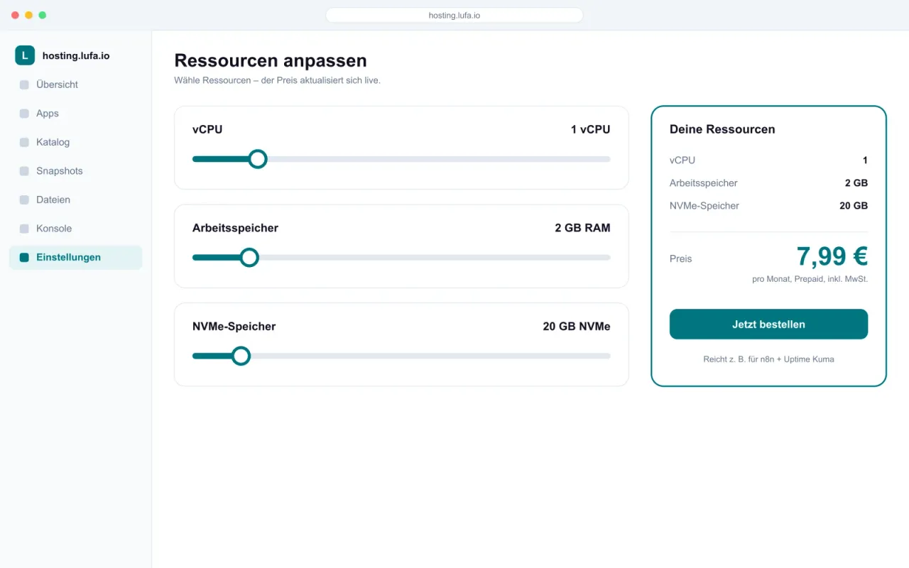 Konfigurator im Panel von hosting.lufa.io mit 1 vCPU, 2 GB Arbeitsspeicher, 20 GB NVMe und Live-Preis von 7,99 Euro