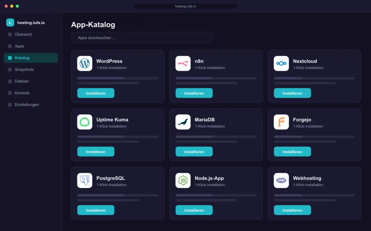 App-Katalog im Panel von hosting.lufa.io mit Kacheln für WordPress, Webhosting, n8n, Nextcloud und weitere Apps
