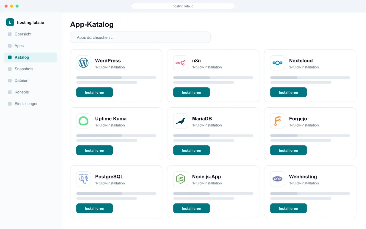 App-Katalog im Panel von hosting.lufa.io mit Kacheln für WordPress, Webhosting, n8n, Nextcloud und weitere Apps
