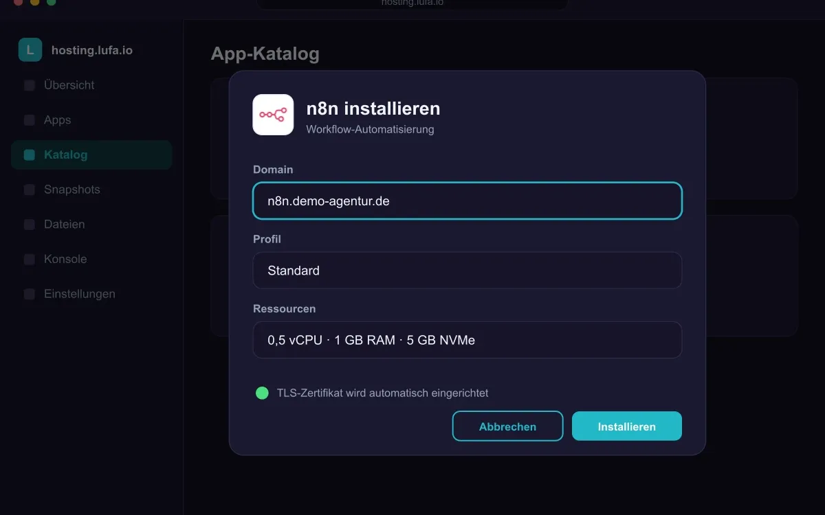 Installationsdialog einer App im Panel von hosting.lufa.io