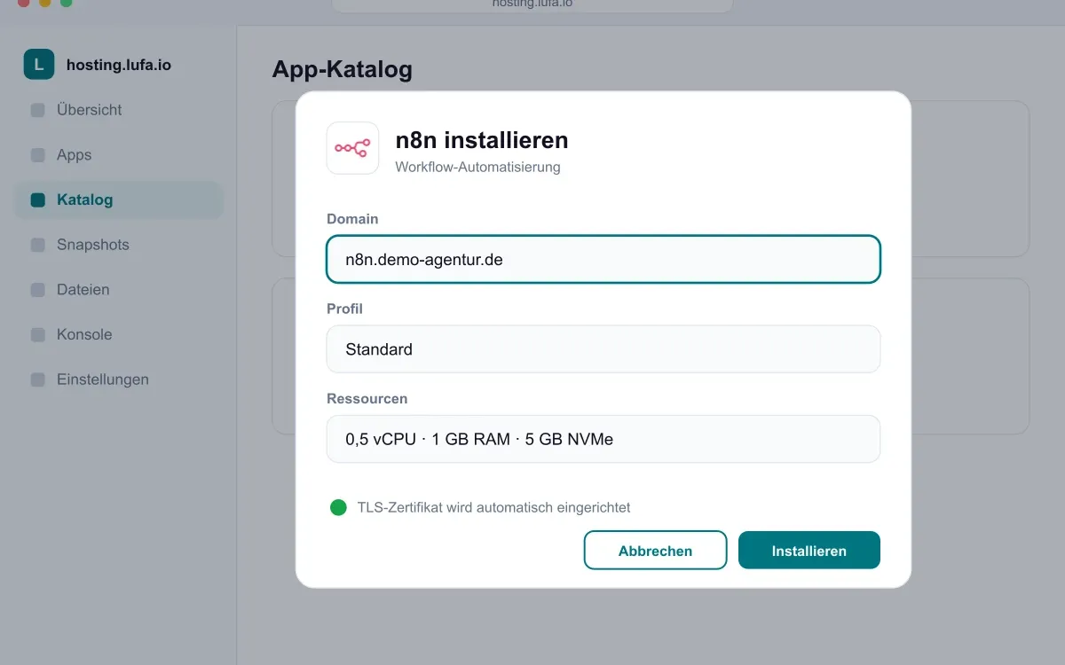 Installationsdialog einer App im Panel von hosting.lufa.io