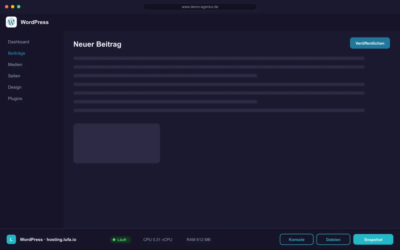 WordPress-Dashboard im Browser, darunter die Panel-Leiste von hosting.lufa.io mit Ressourcen-Anzeige