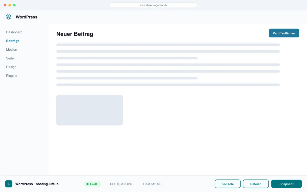 WordPress-Dashboard im Browser, darunter die Panel-Leiste von hosting.lufa.io mit Ressourcen-Anzeige