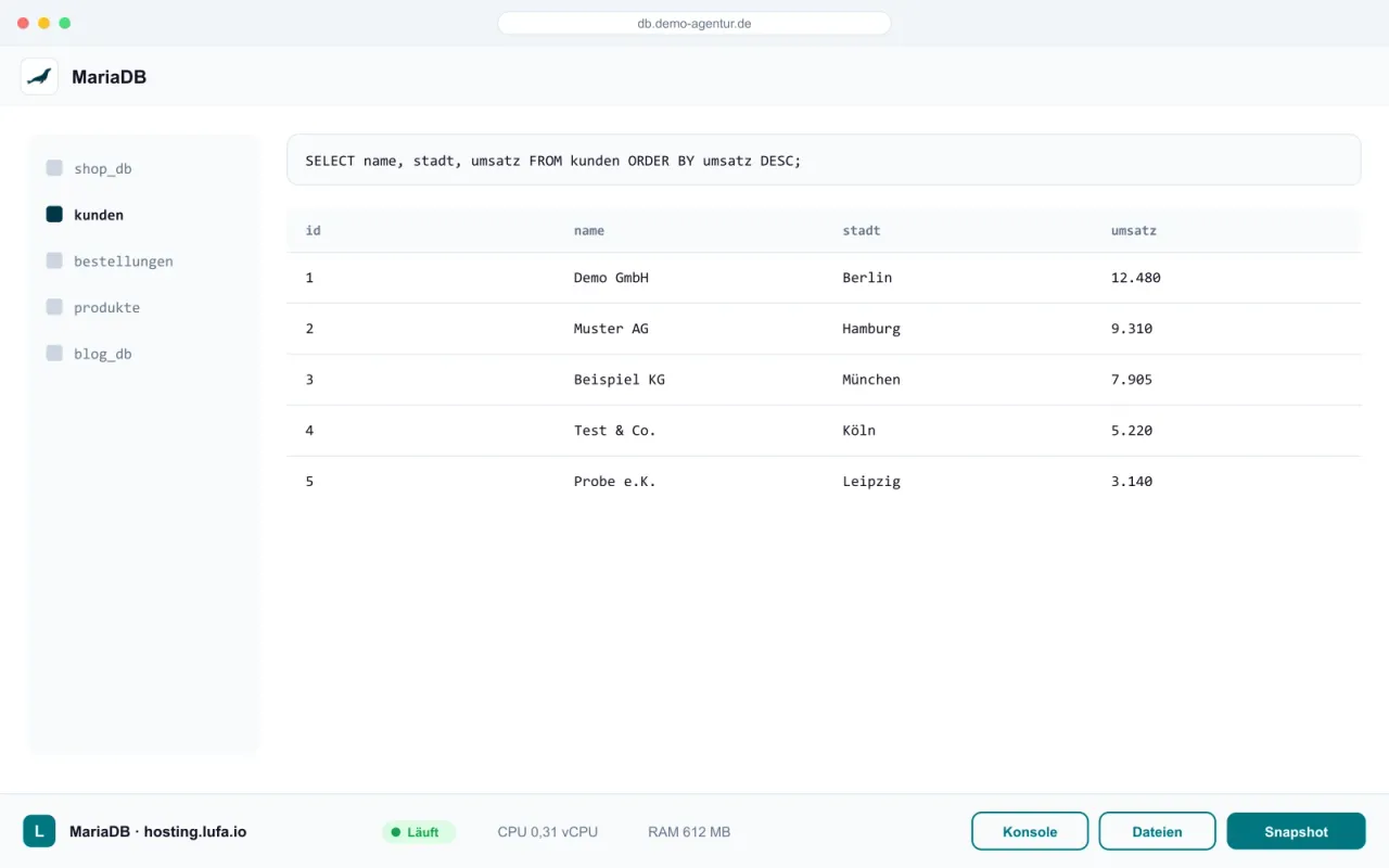 Datenbank-Tabellenansicht im Browser, darunter die Panel-Leiste von hosting.lufa.io mit Ressourcen-Anzeige