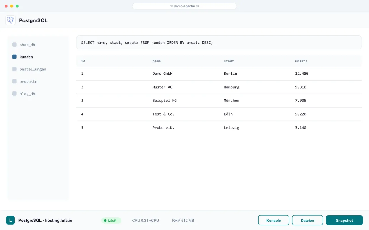 Datenbank-Tabellenansicht mit SQL-Abfrage im Browser, darunter die Panel-Leiste von hosting.lufa.io