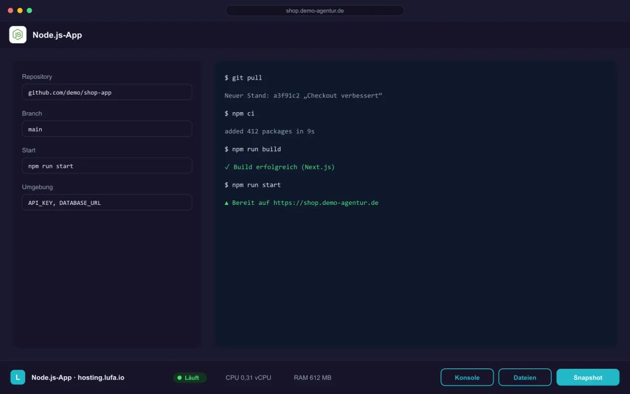 Einstellungen einer Node.js-App mit Git-Repository und Build-Protokoll, darunter die Panel-Leiste von hosting.lufa.io