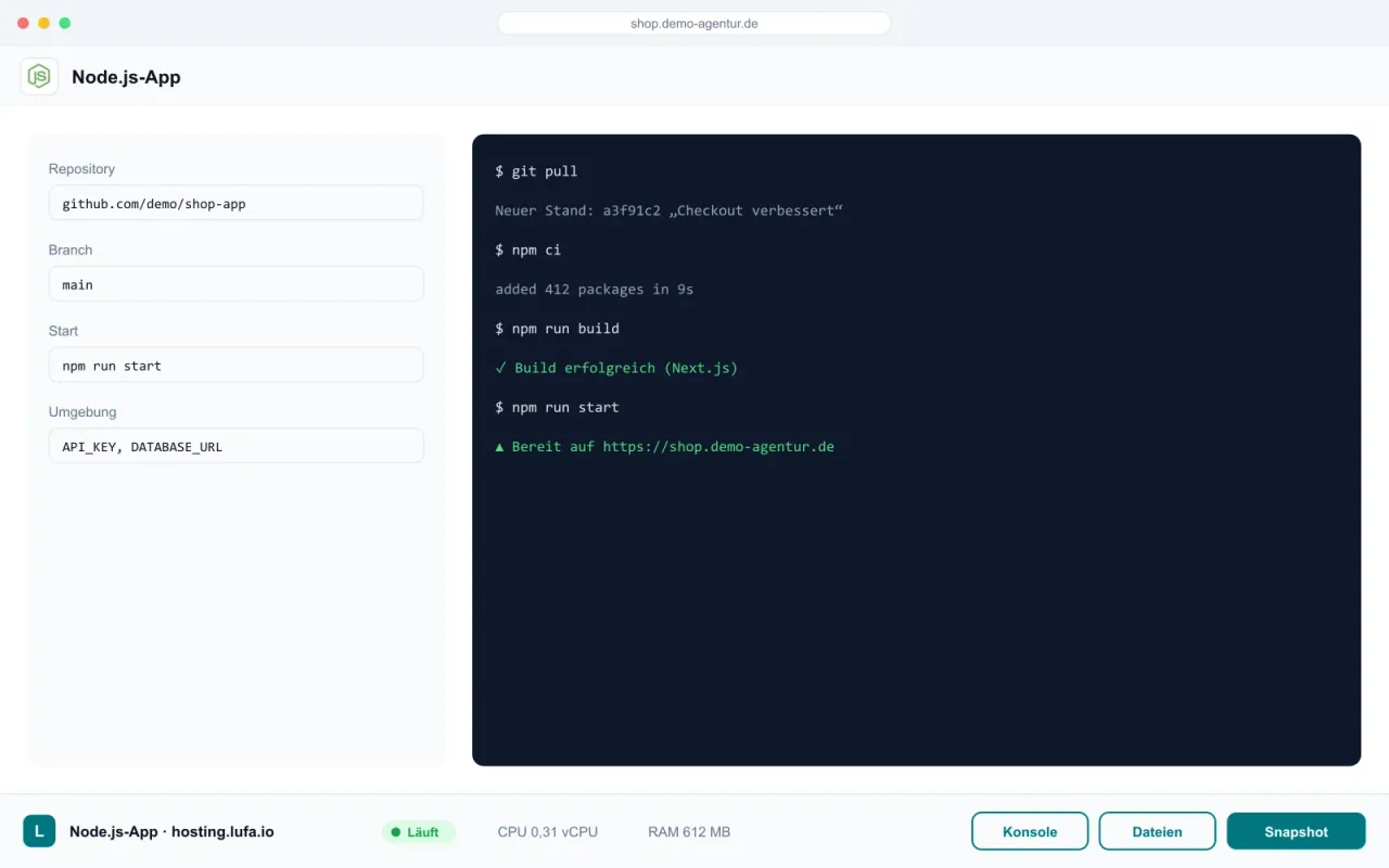 Einstellungen einer Node.js-App mit Git-Repository und Build-Protokoll, darunter die Panel-Leiste von hosting.lufa.io