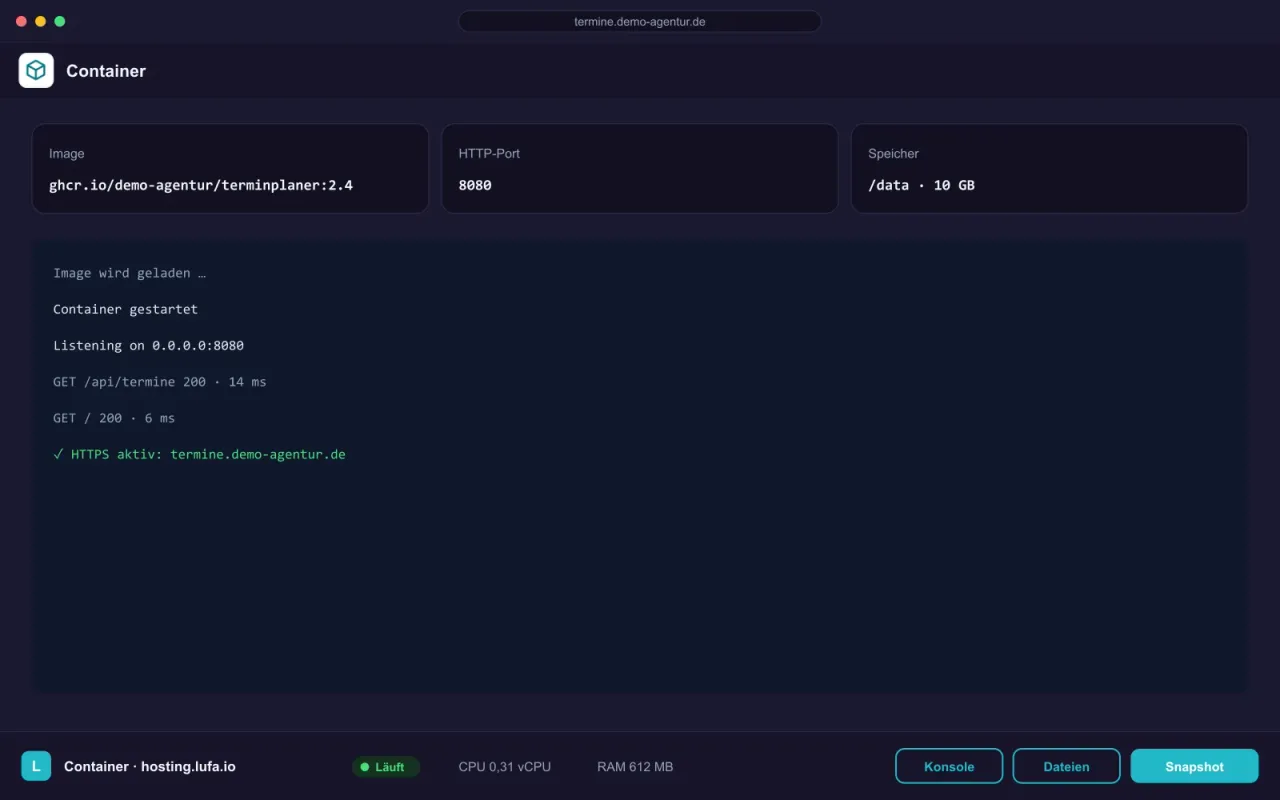Container mit Image-Name, HTTP-Port und Speicher sowie Start-Protokoll, darunter die Panel-Leiste von hosting.lufa.io