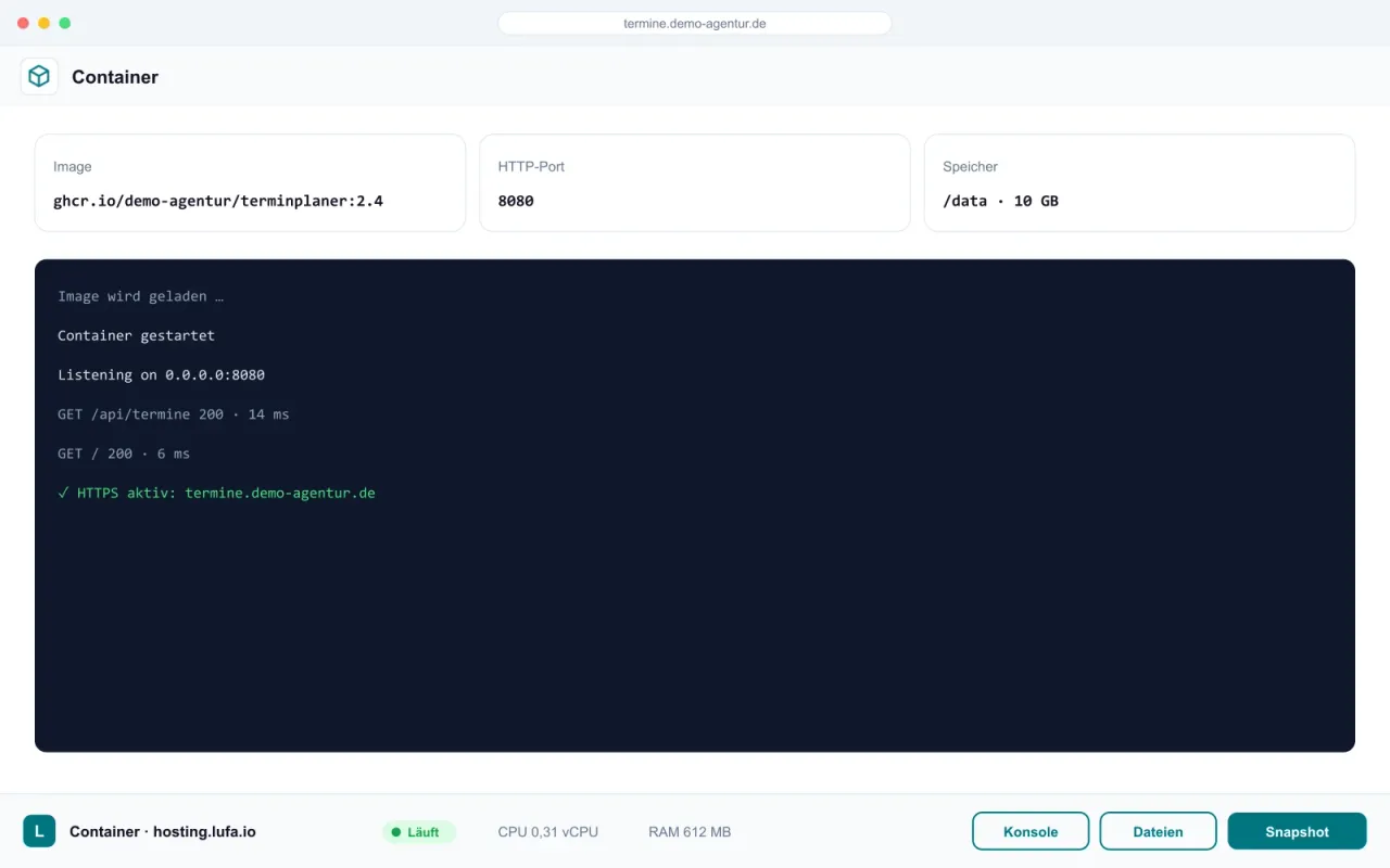 Container mit Image-Name, HTTP-Port und Speicher sowie Start-Protokoll, darunter die Panel-Leiste von hosting.lufa.io