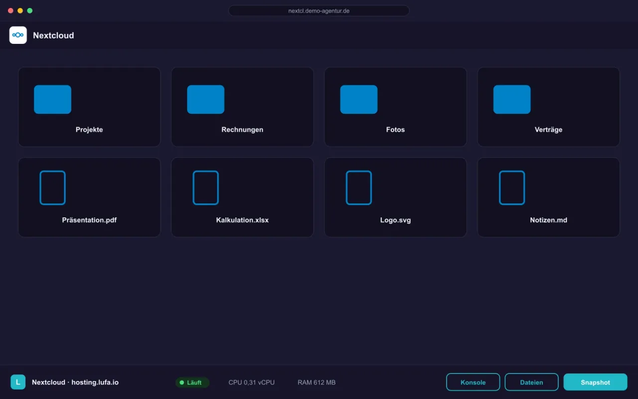 Nextcloud-Dateiansicht im Browser, darunter die Panel-Leiste von hosting.lufa.io mit Ressourcen-Anzeige