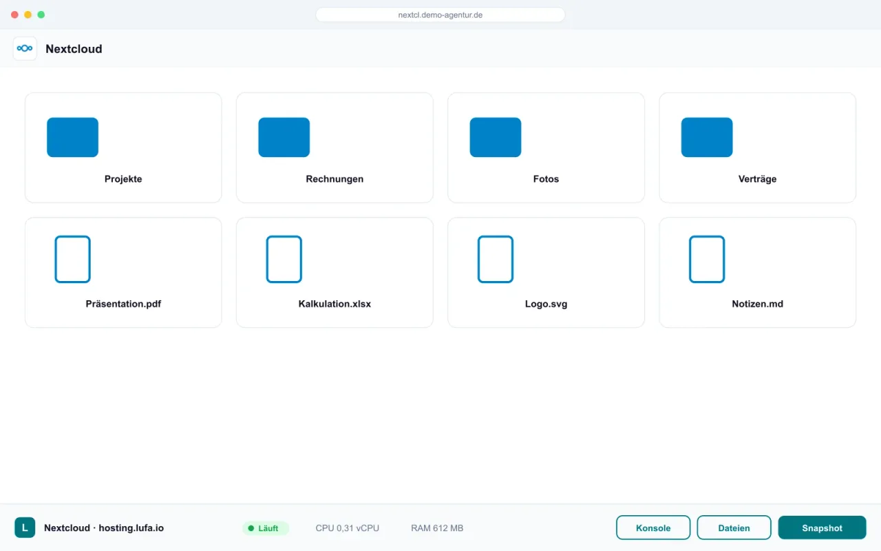 Nextcloud-Dateiansicht im Browser, darunter die Panel-Leiste von hosting.lufa.io mit Ressourcen-Anzeige