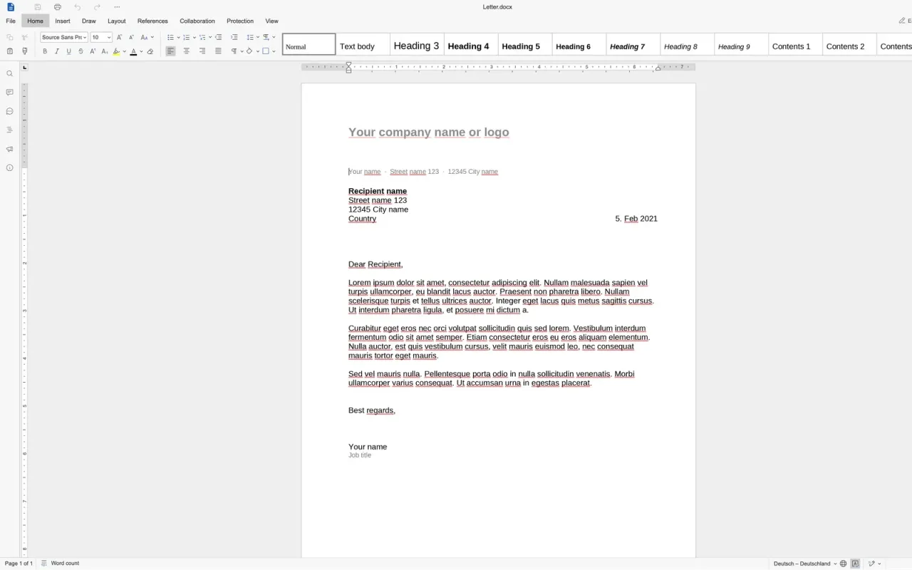 Euro-Office-Texteditor im Browser mit einem geöffneten Brief im DOCX-Format