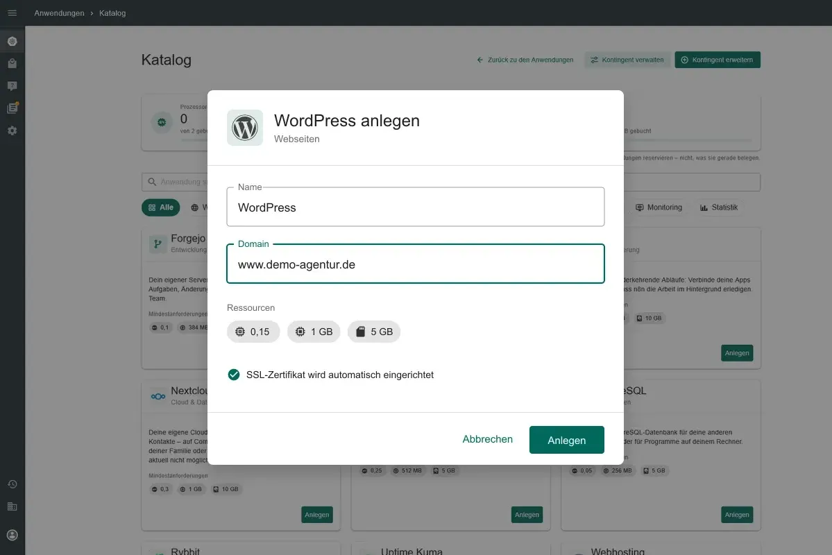 Dialog „WordPress anlegen“ im Hosting-Panel