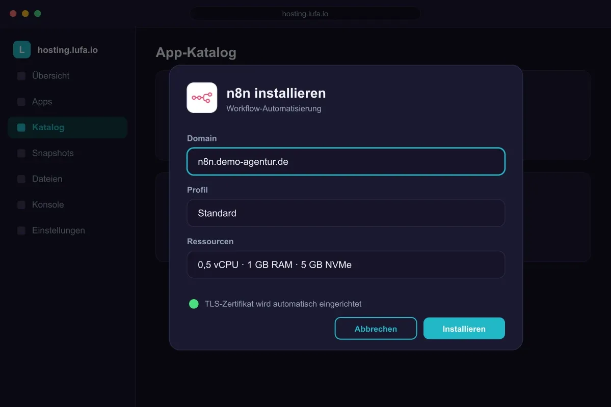 Dialog „n8n installieren“ im Panel mit der Domain n8n.demo-agentur.de