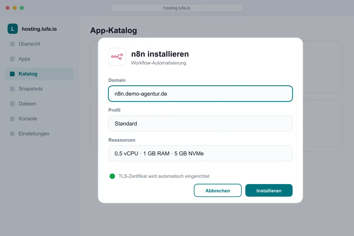 Dialog „n8n installieren“ im Panel mit der Domain n8n.demo-agentur.de