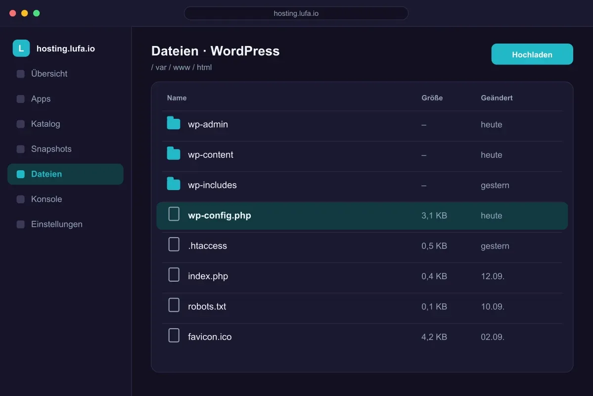 Dateibrowser im Panel von hosting.lufa.io mit Ordnern und Konfigurationsdateien einer App