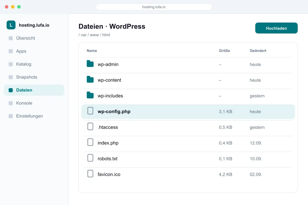 Dateibrowser im Panel von hosting.lufa.io mit Ordnern und Konfigurationsdateien einer App