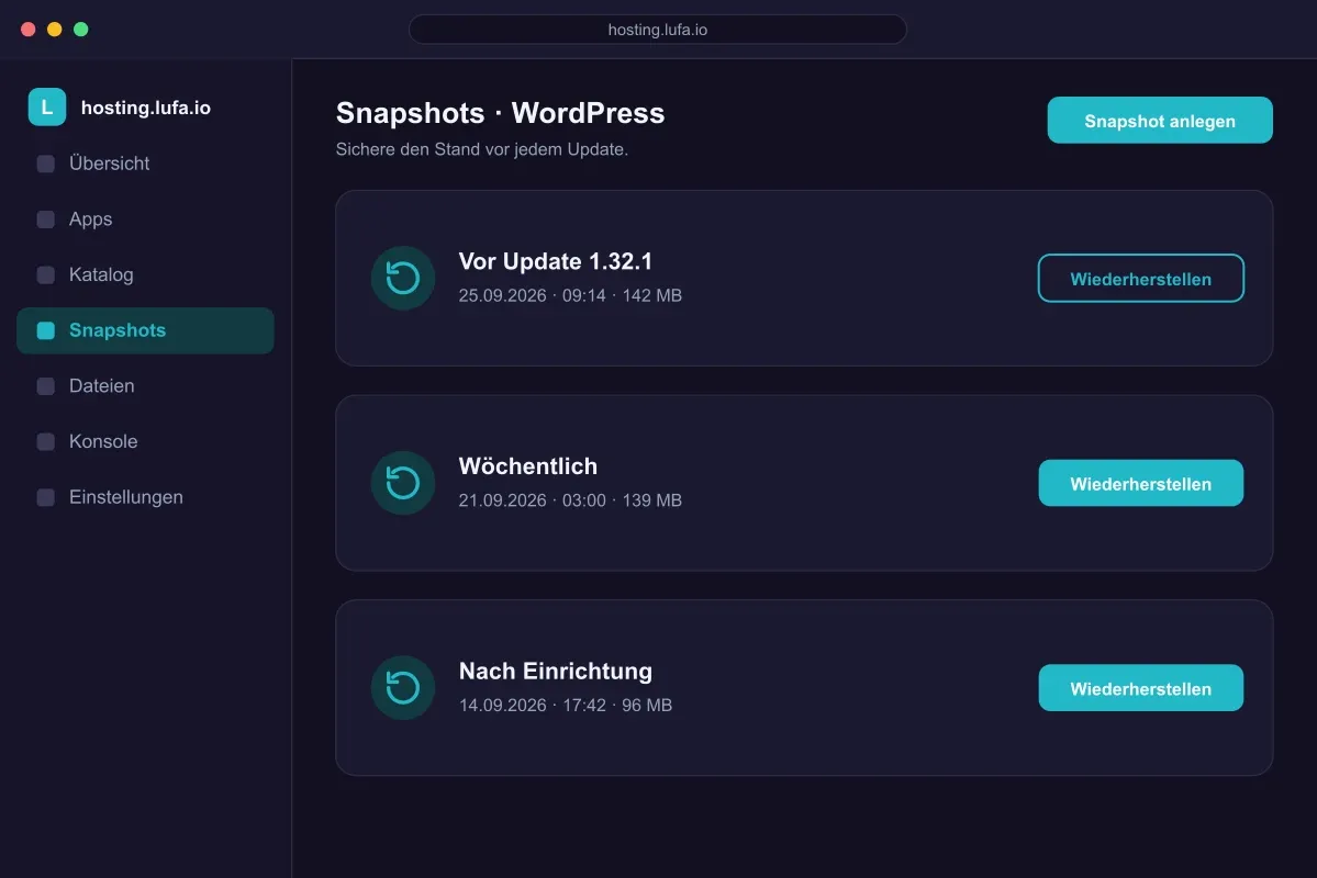 Snapshot-Liste im Panel mit drei Einträgen und Button „Wiederherstellen“