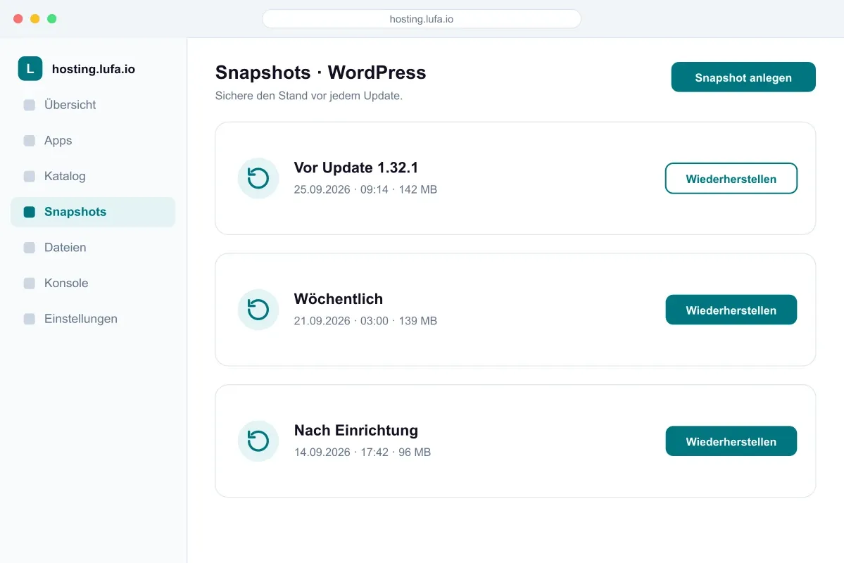 Snapshot-Liste im Panel mit drei Einträgen und Button „Wiederherstellen“