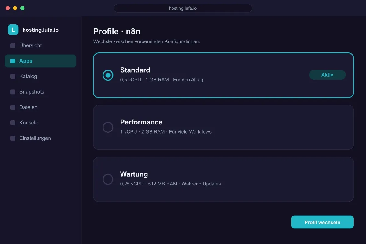Profilwechsel einer App im Panel von hosting.lufa.io