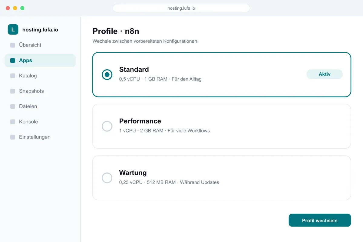 Profilwechsel einer App im Panel von hosting.lufa.io