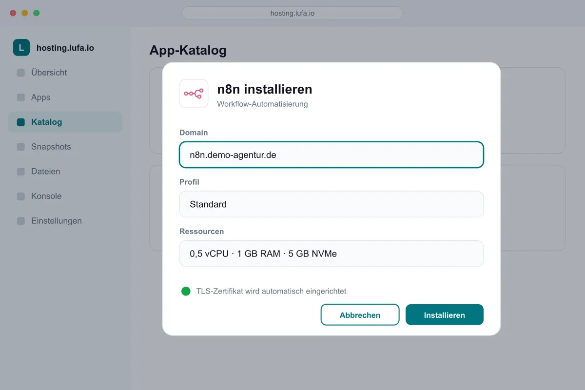 Dialog „n8n installieren“ im Panel mit der Domain n8n.demo-agentur.de