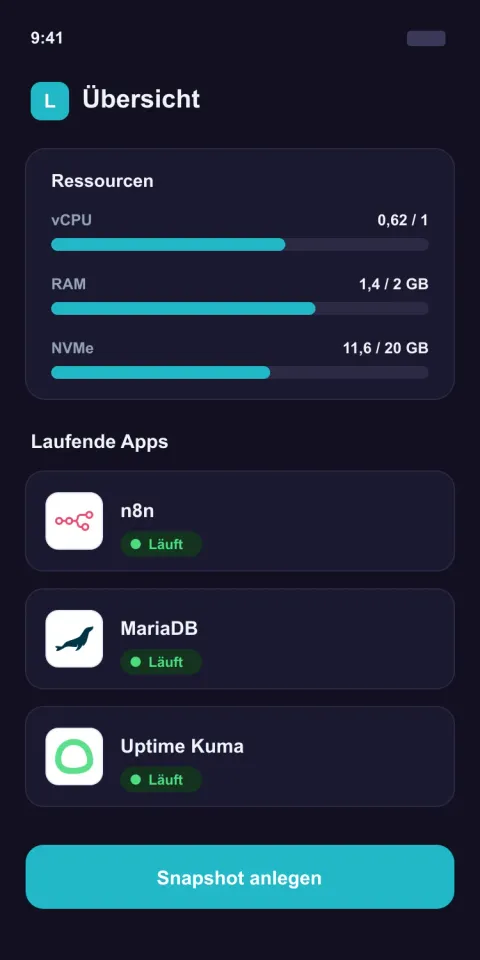 Panel von hosting.lufa.io auf dem Smartphone mit Ressourcen-Anzeige und laufenden Apps