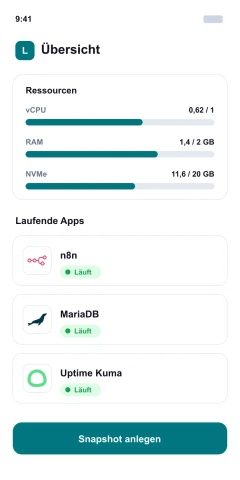 Panel von hosting.lufa.io auf dem Smartphone mit Ressourcen-Anzeige und laufenden Apps