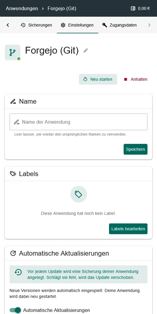 Hosting-Panel auf dem Smartphone mit den Einstellungen einer App und automatischen Aktualisierungen
