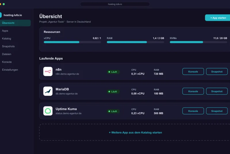 Panel-Übersicht von hosting.lufa.io mit Ressourcen-Anzeige und laufenden Apps