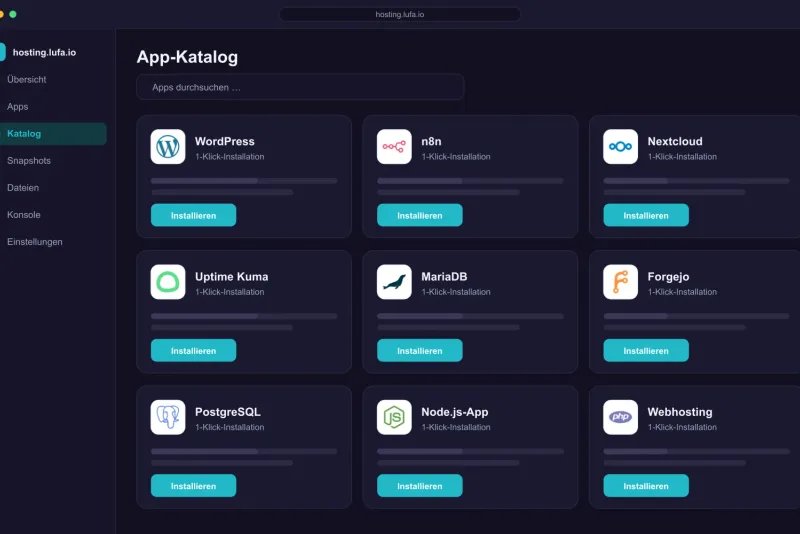 App-Katalog im Panel von hosting.lufa.io mit Kacheln für WordPress, n8n, Nextcloud und weitere Apps