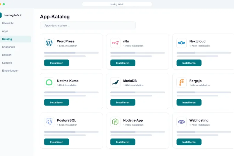 App-Katalog im Panel von hosting.lufa.io mit Kacheln für WordPress, n8n, Nextcloud und weitere Apps