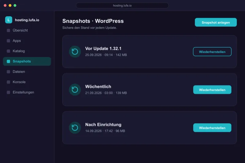 Snapshot-Liste im Panel mit drei Einträgen und Button „Wiederherstellen“
