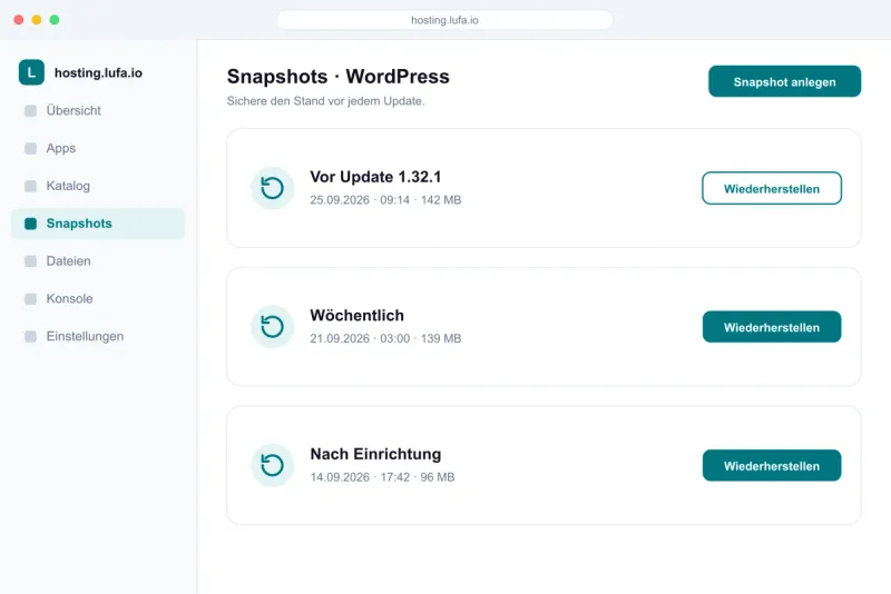 Snapshot-Liste im Panel mit drei Einträgen und Button „Wiederherstellen“