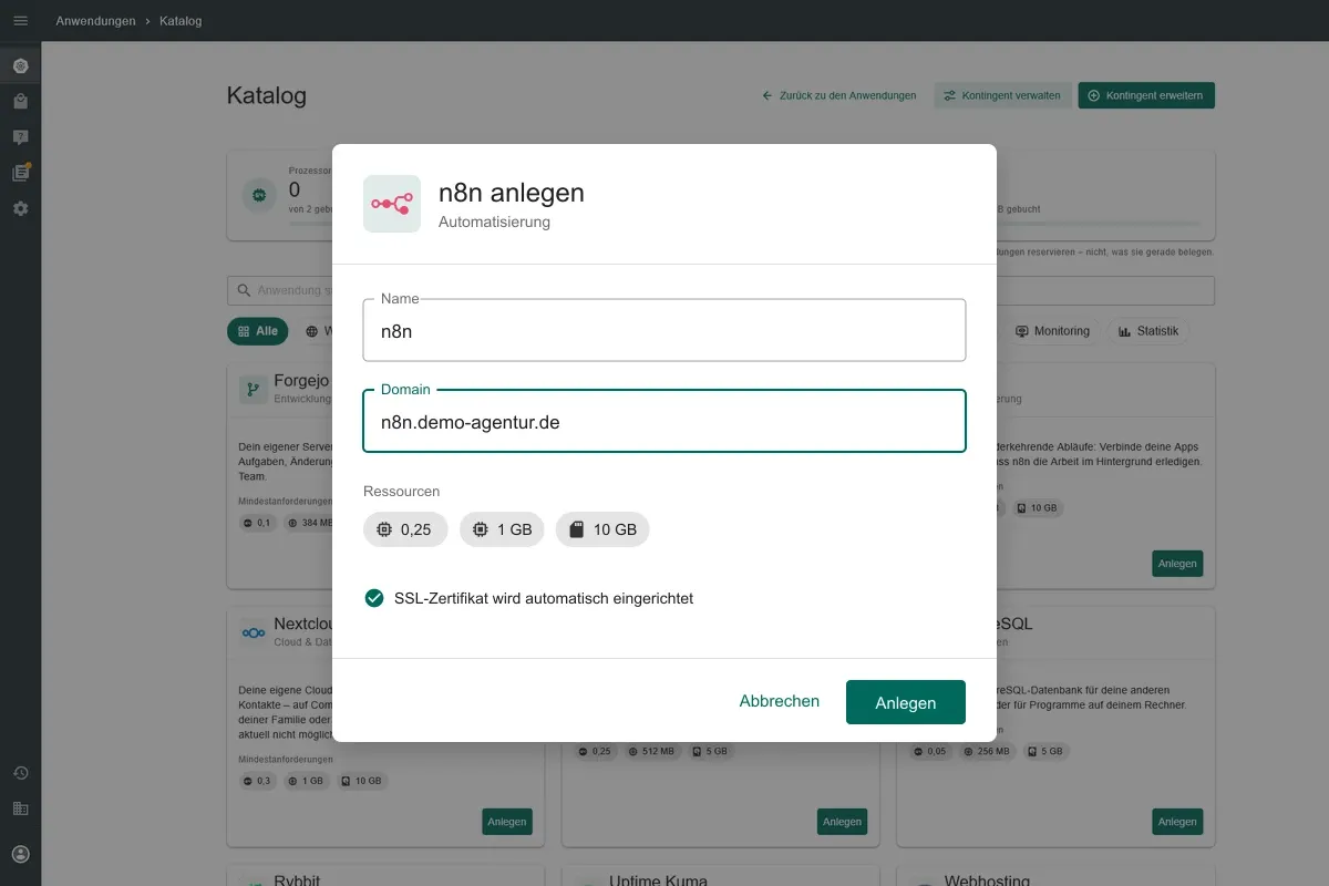 Dialog „n8n anlegen“ im Hosting-Panel mit der Domain n8n.demo-agentur.de