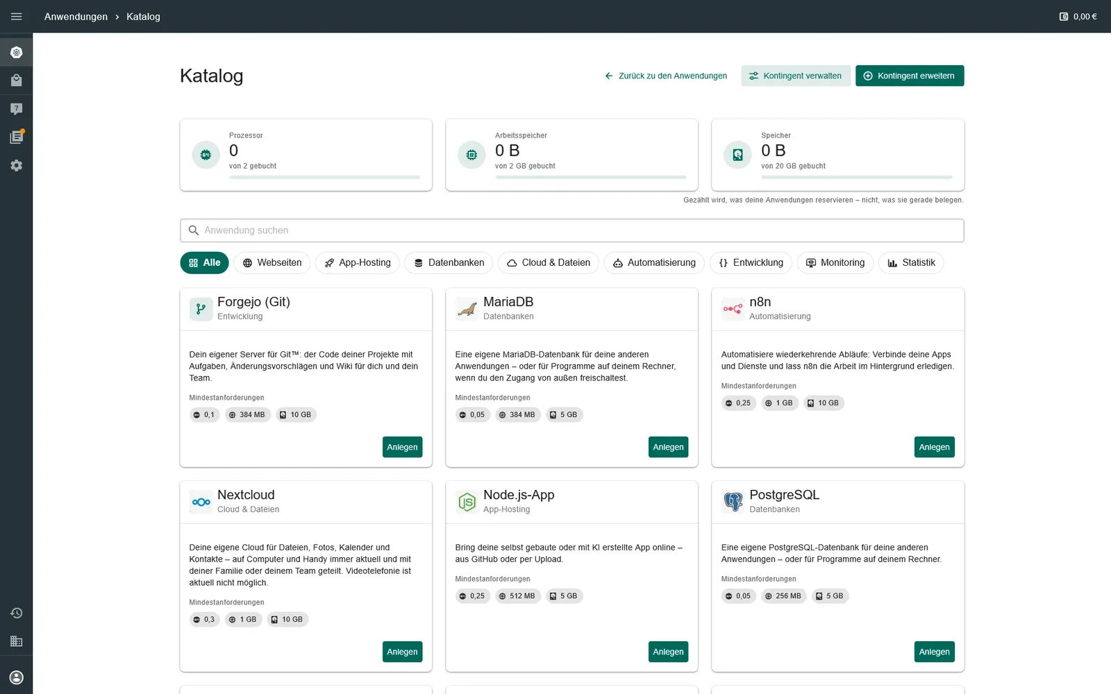 App-Katalog im Panel von hosting.lufa.io mit Kacheln für WordPress, n8n, Nextcloud und weitere Apps