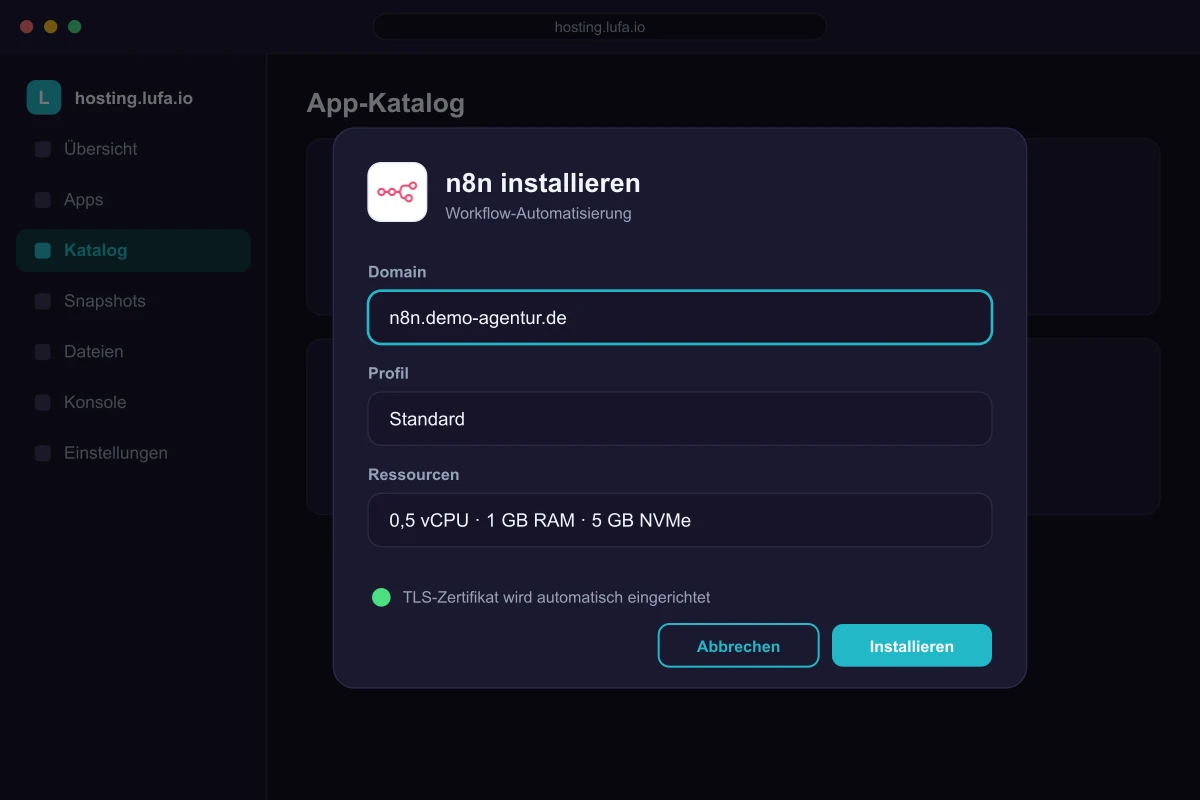 Dialog „n8n installieren“ im Panel mit der Domain n8n.demo-agentur.de