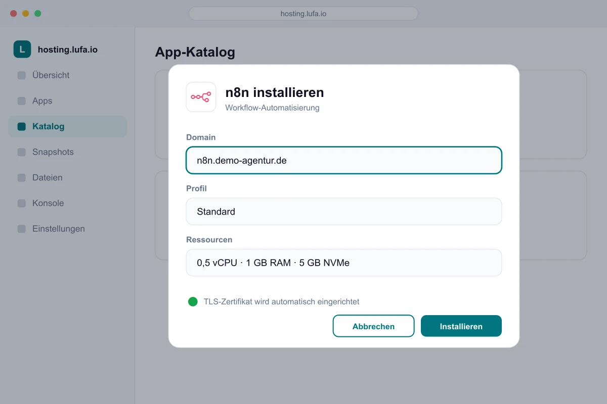 Dialog „n8n installieren“ im Panel mit der Domain n8n.demo-agentur.de