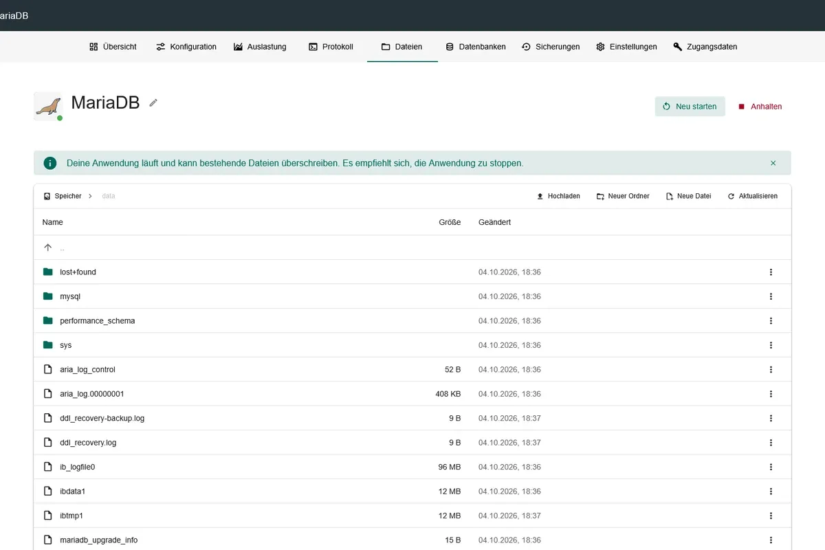 Dateibrowser im Panel von hosting.lufa.io mit Ordnern und Dateien einer App, Hochladen und SFTP-Zugriff