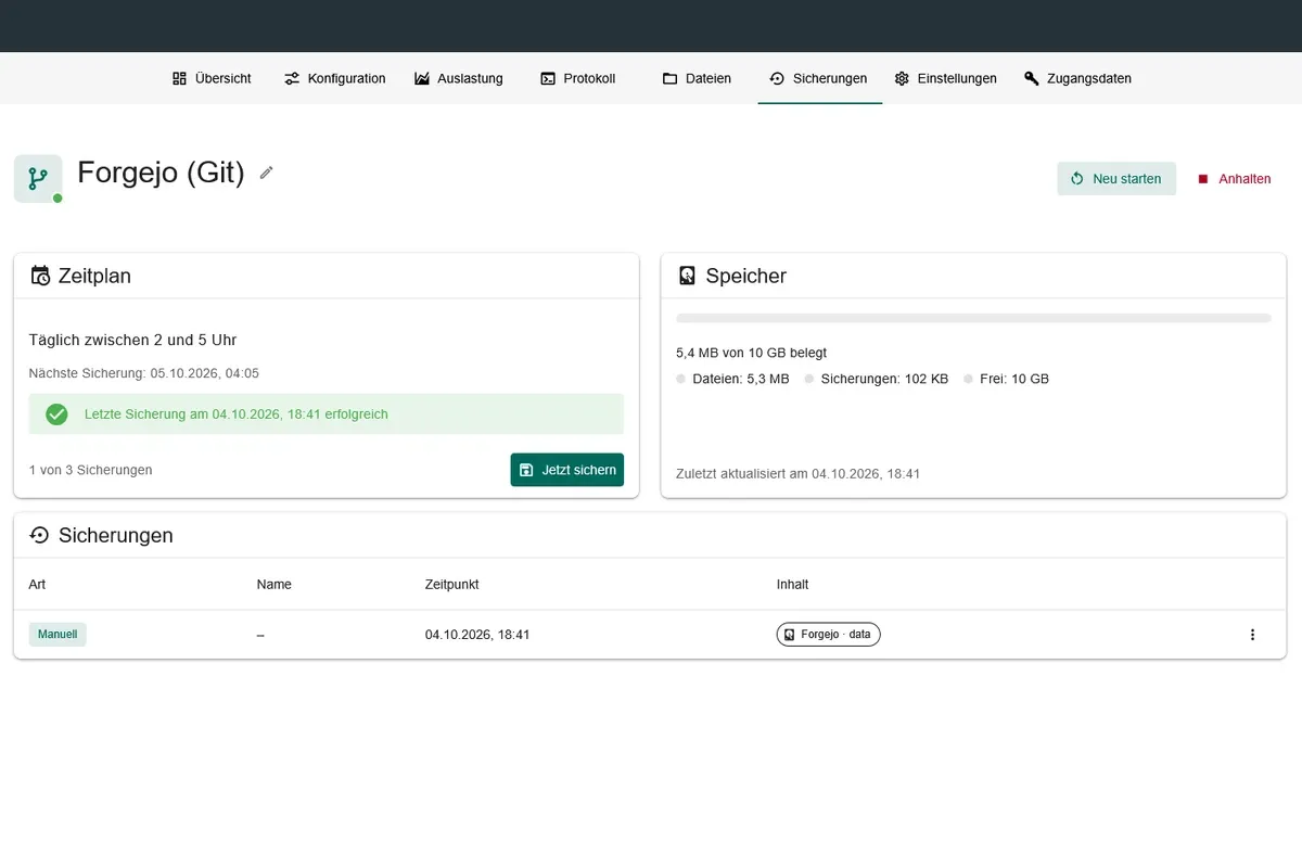 Sicherungen einer App im Panel von hosting.lufa.io mit täglichem Zeitplan, Speicherbelegung und Liste der Sicherungen (1 von 3)