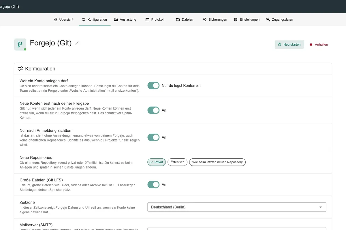 Konfiguration einer Forgejo-App im Panel von hosting.lufa.io mit Schaltern für Konten, Sichtbarkeit und Git LFS