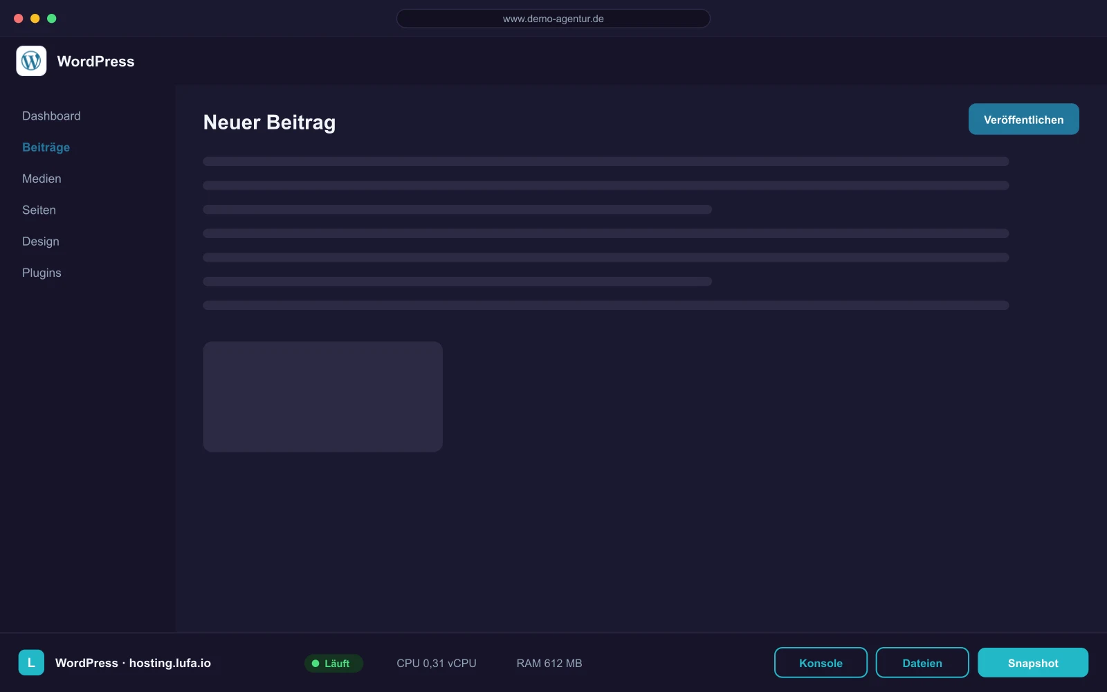WordPress-Dashboard im Browser, darunter die Panel-Leiste von hosting.lufa.io mit Ressourcen-Anzeige
