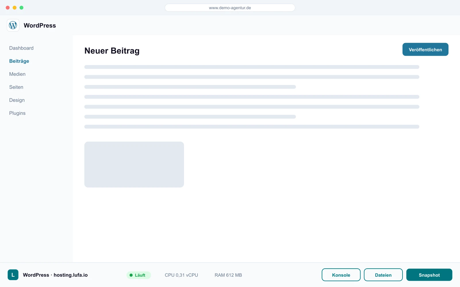 WordPress-Dashboard im Browser, darunter die Panel-Leiste von hosting.lufa.io mit Ressourcen-Anzeige