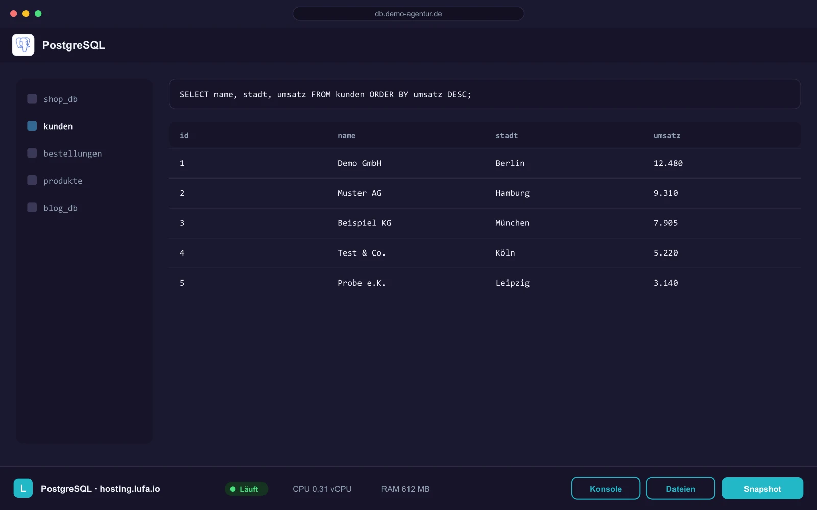 Datenbank-Tabellenansicht mit SQL-Abfrage im Browser, darunter die Panel-Leiste von hosting.lufa.io