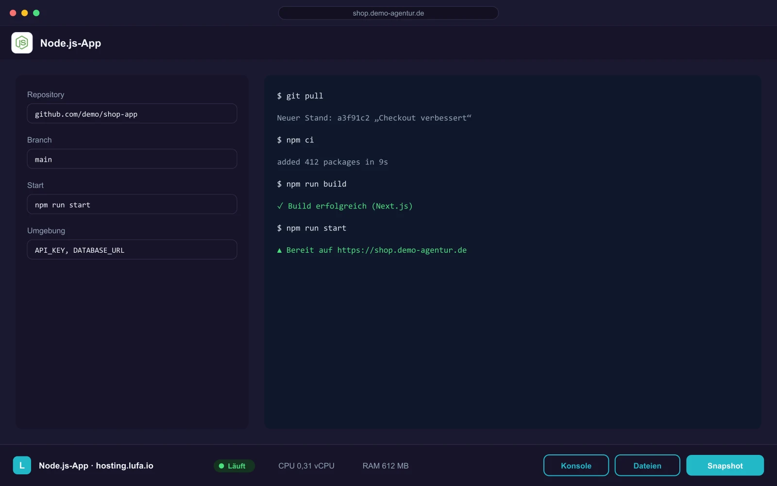 Einstellungen einer Node.js-App mit Git-Repository und Build-Protokoll, darunter die Panel-Leiste von hosting.lufa.io