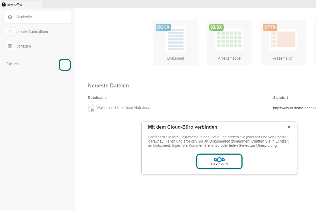 Euro-Office Desktop-App mit dem Fenster „Mit dem Cloud-Büro verbinden“ und der Auswahl Nextcloud